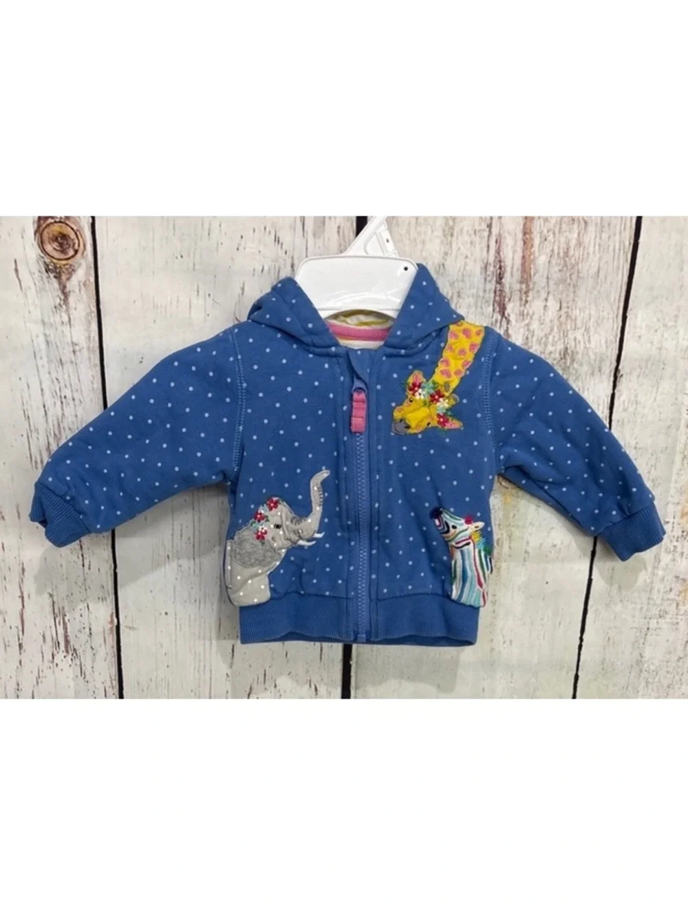 Baby Boden Girls’ Blue Polka Dot Hoodie with Animal Appliqués, Size 3-6 Months